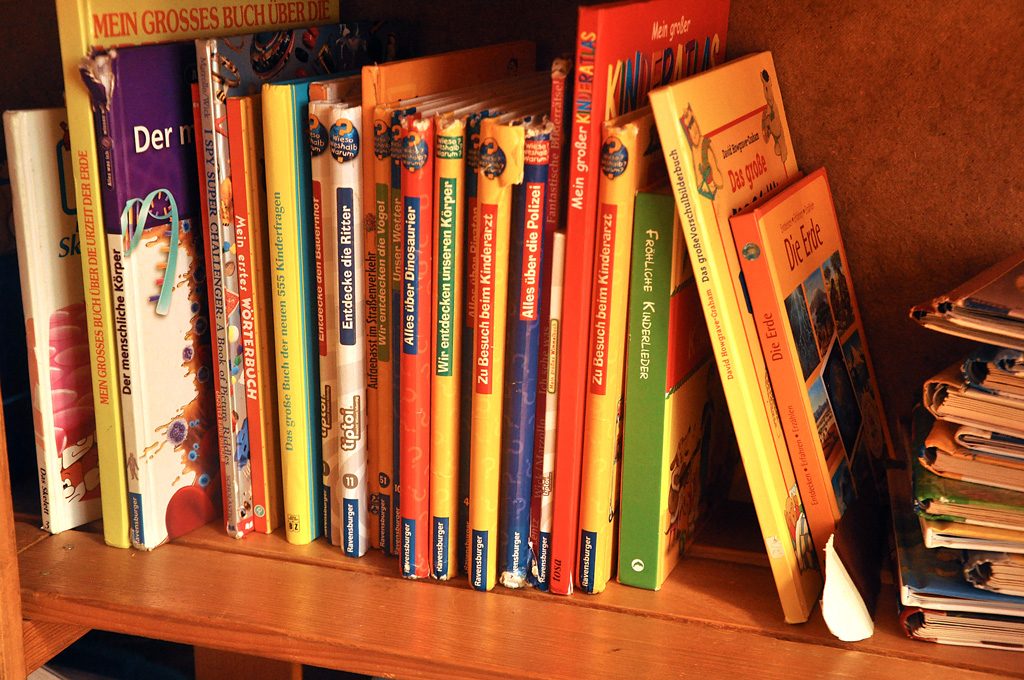 childrens books in a shelf